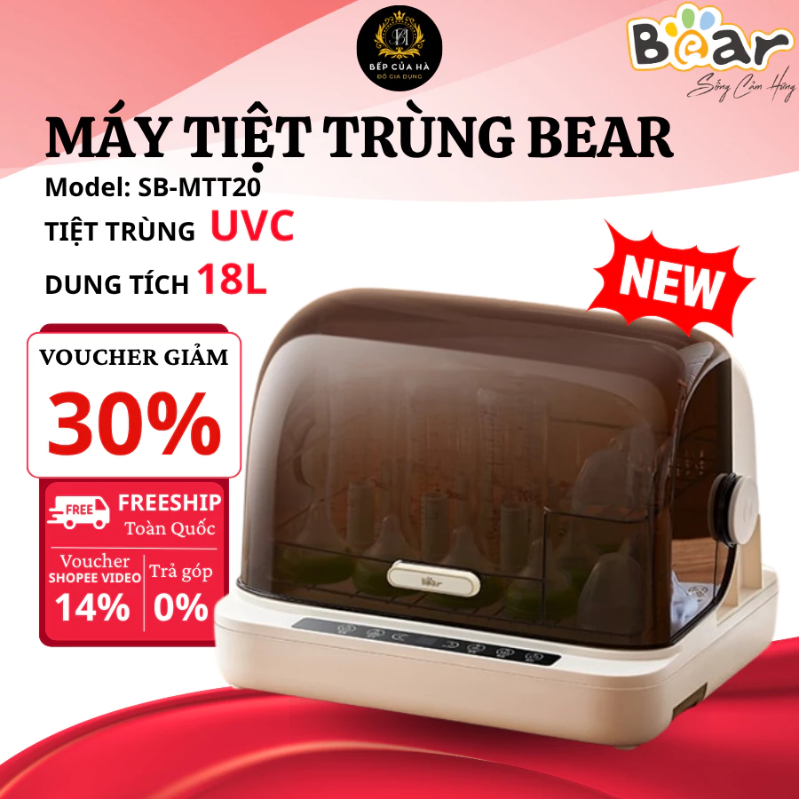 Máy Sấy Tiệt Trùng Bear SB-MTT20 Dung Tích 18L, Lưu Trữ Vô Khuẩn Đến 48 Giờ, Chứa Được 6 Bình Sữa - Bếp Của Hà