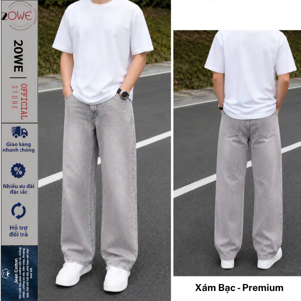 Quần Jean Nam Ống Rộng Dáng Suông Đứng Chất Demin Màu Xám Sáng Gray Wash Đen Xám Trầm SMOKE V.1