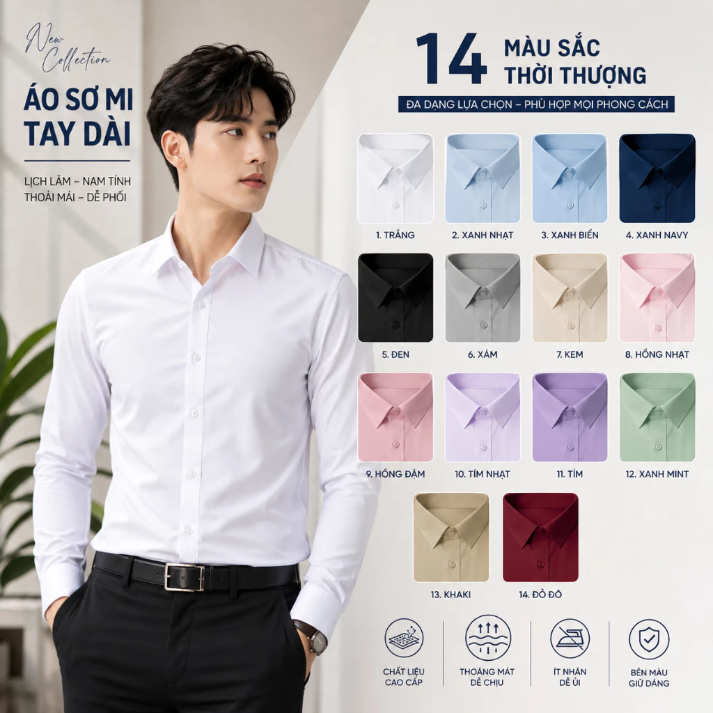 Áo sơ mi tay dài nam MISFIT trơn cao cấp  chất kate lụa mát mẻ, đủ màu áo hộp cao cấp TEE7