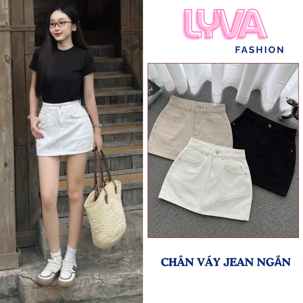 Chân váy jean chữ A  lưng cạp cao, Chân váy bò ngắn có lót trong chất vải không giãn mềm mịn - LyVa Fashion