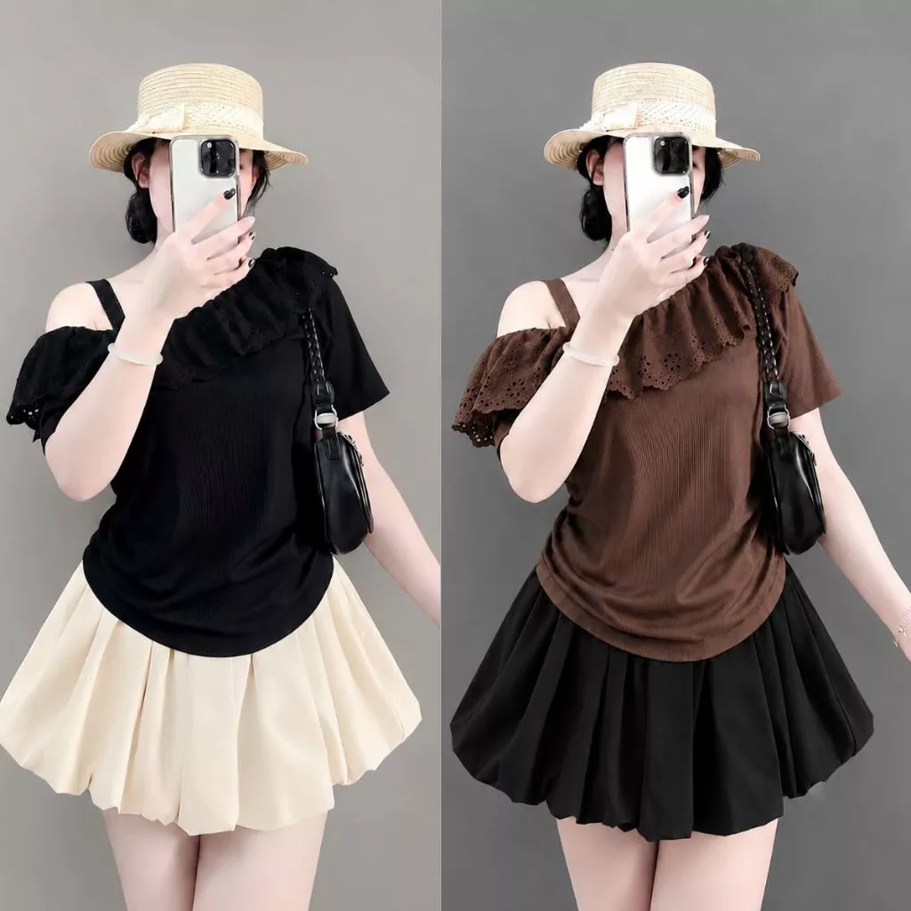 Sét áo kiểu tiểu thư lệch vai Bigsize nữ, Kết hợp váy ngắn xòe,chất liệu thun gân co giãn, dễ mang đi dạo phố+A358+CV413