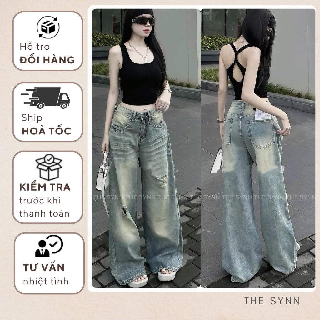 Q25 - Quần Jeans Nữ Ống Suông Form Rộng Phối Rách Màu Bụi