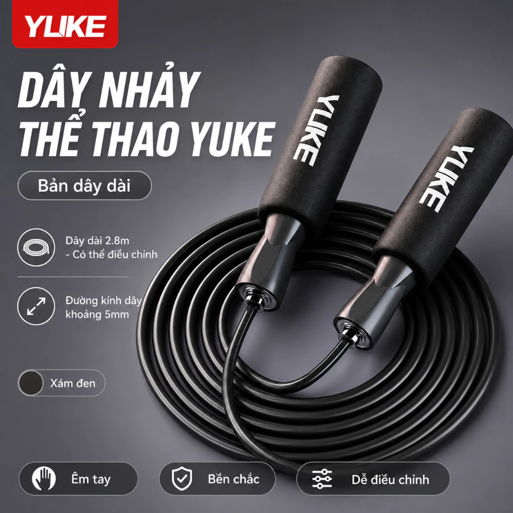 Dây nhảy thể thao Shiwei Ylike dài 2,8m có thể điều chỉnh, tay cầm bọc foam êm, tập thể dục cardio XY529