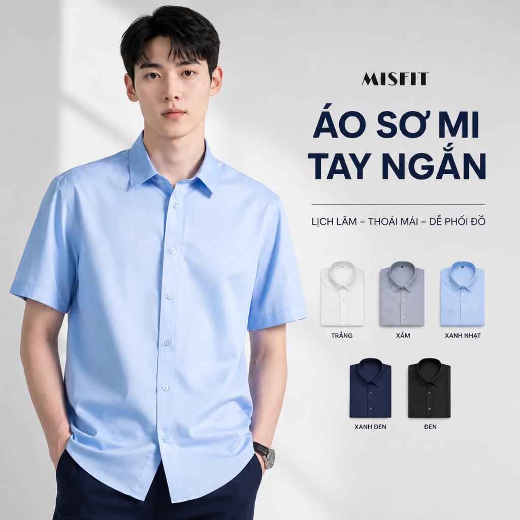 Áo Sơ Mi Nam tay ngắn MISFIT cổ bẻ bốn màu basic chất vải lụa mịn, mềm mại cao cấp MIS24