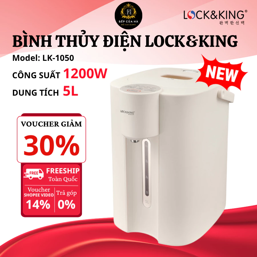 Bình Thủy Điện Lock&King LK-1050 Màu Kem Dung Tích 5L, Công Suất 1200W, Khử Clo, Khóa An Toàn Thông Minh - Bếp Của Hà