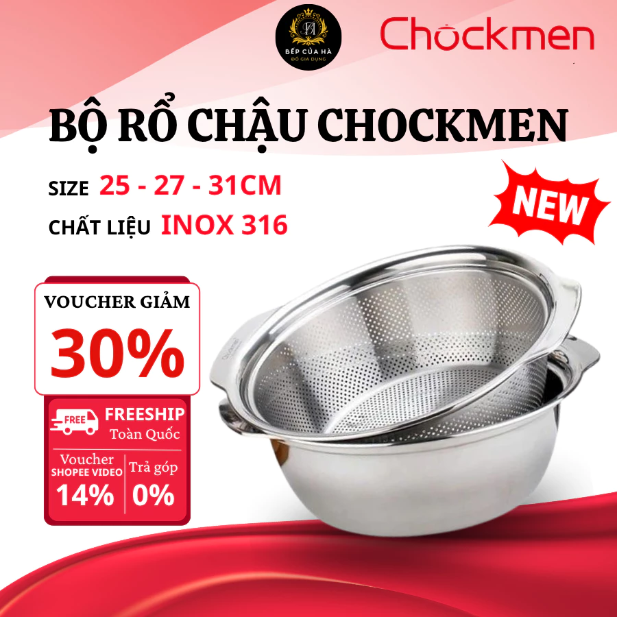 Bộ Rổ Chậu Inox 304 CHOCKMEN Nhiều Kích Thước Rửa Rau Vo Gạo, Chống Gỉ Sét Bền Đẹp - Bếp Của Hà
