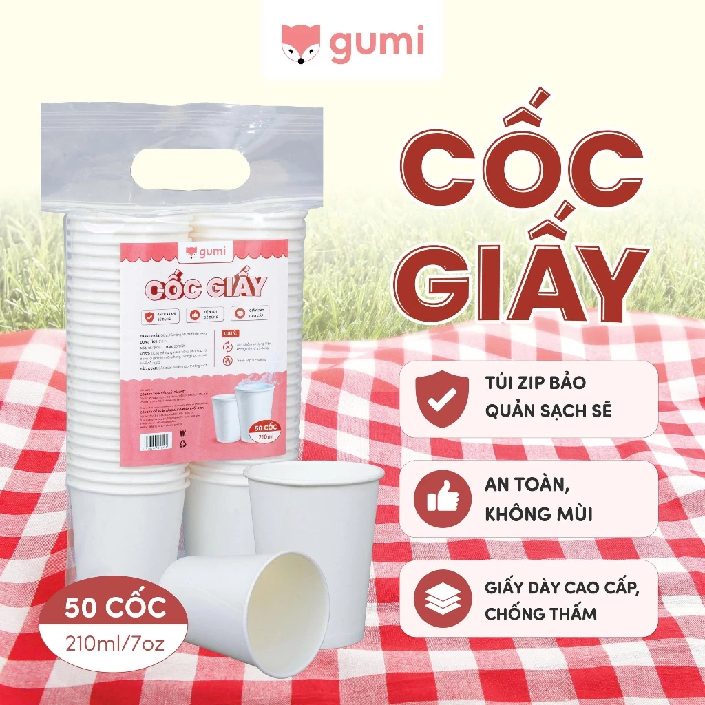 Cốc Giấy GUMI 210ml 50 Cốc Giấy Dày Cao Cấp Chống Thấm An Toàn Không Mùi