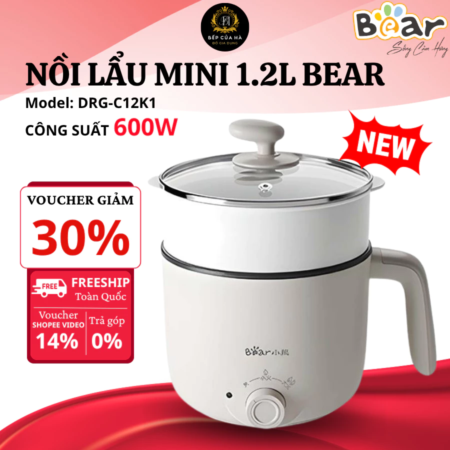 Nồi Lẩu Bear DRG-C12K1 Dung Tích 1.2L, Kèm Xửng Hấp, Hai Mức Nhiệt Linh Hoạt Dễ Sử Dụng - Bếp Của Hà