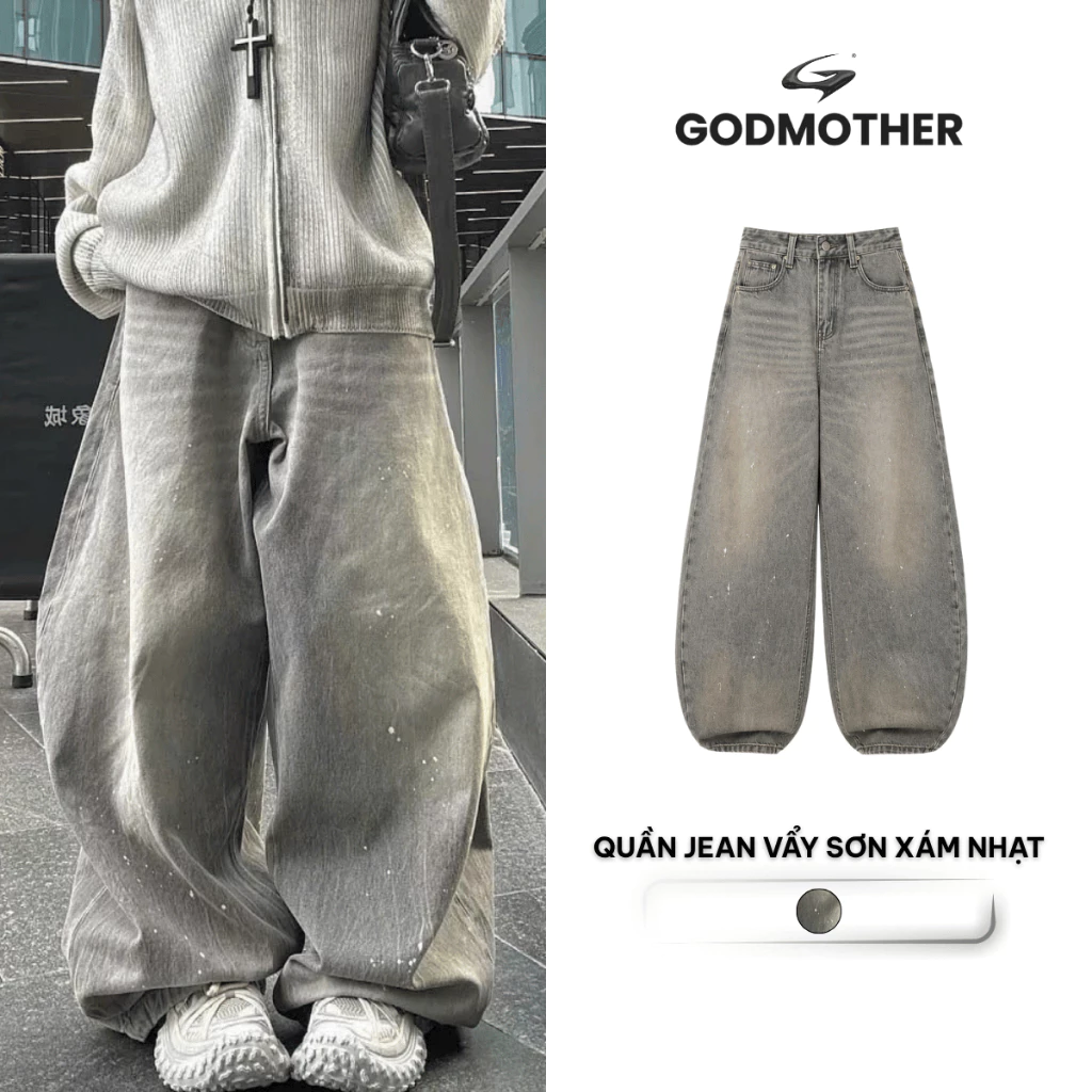 Quần Jean Ống Rộng Xám Nhạt GODMOTHER Quần Jean Vẩy Sơn Wash Nhẹ Cá Tính Phong Cách Streatwear Unisex
