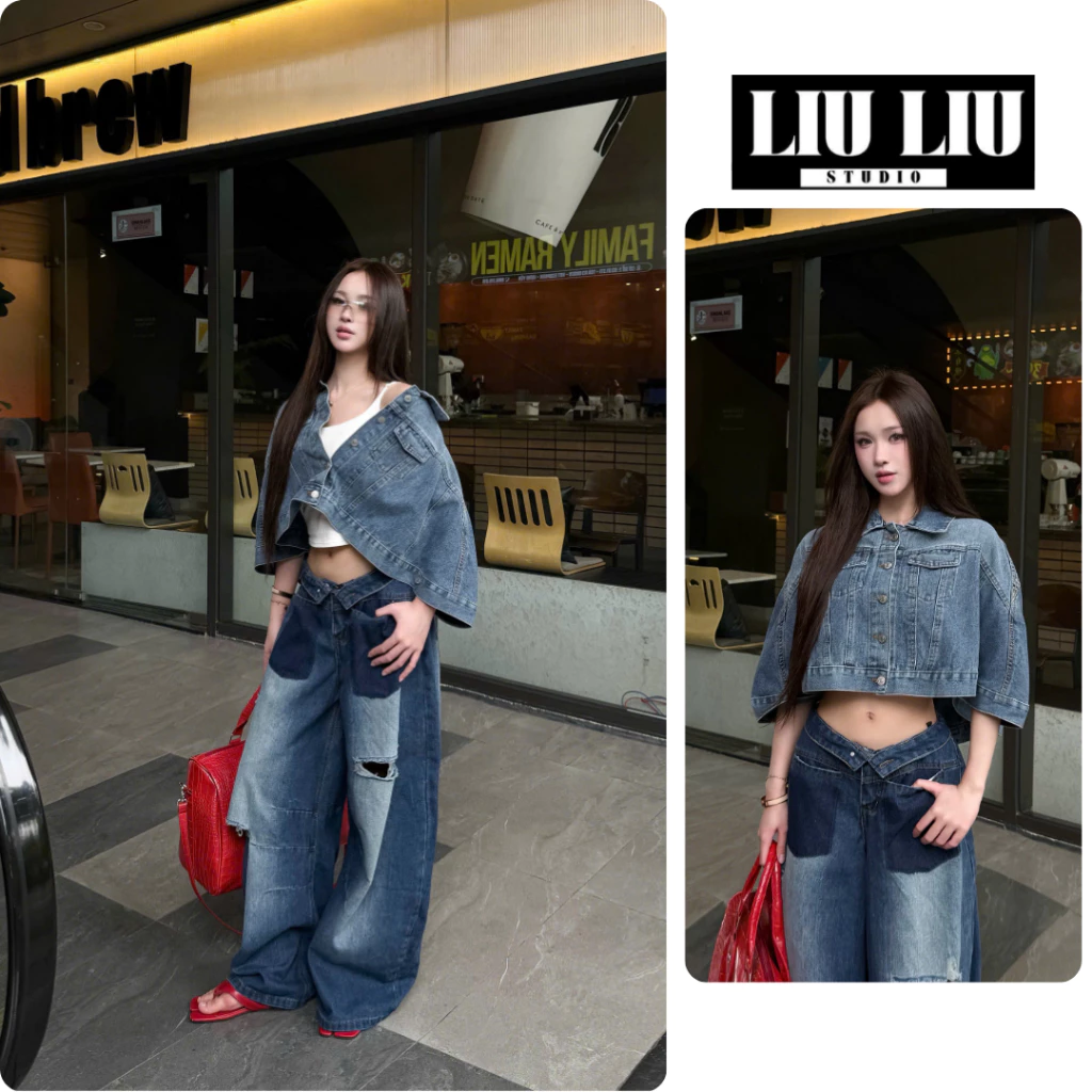 Quần jean LIULIU STUDIO L45 dài dáng suông rộng wash xanh rách nhẹ phối túi trước cá tính streetwear thời trang nữ