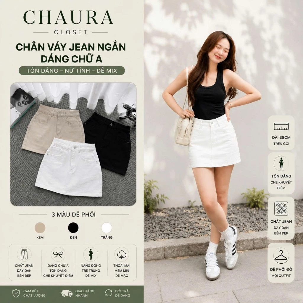 Chân Váy Jean Nữ Lưng Cao dáng chữ A, Chân váy bò Chất Vải Dày Dặn Sexy Đầy Đủ 4 Màu - CHAURA CLOSET