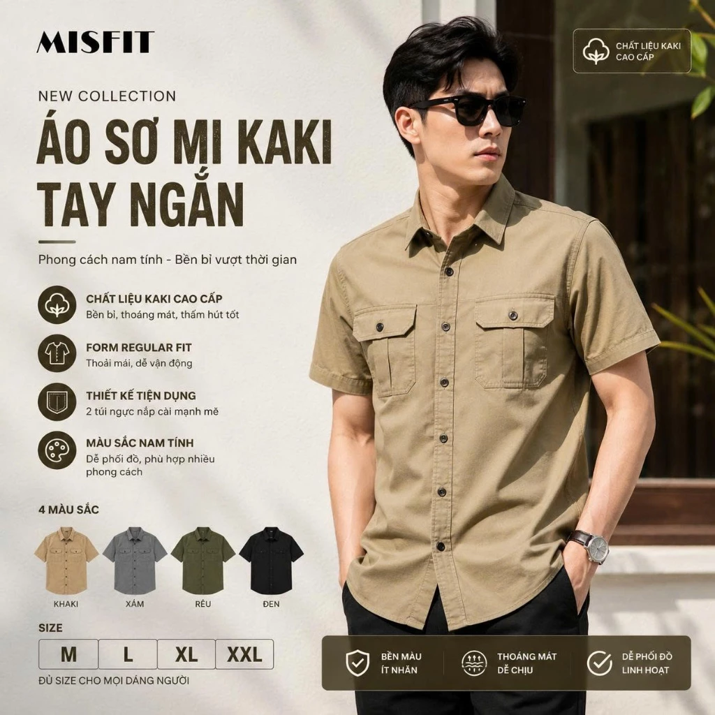 Áo Sơ Mi Tay Ngăn Kaki Túi Hộp MISFIT, Kaki chất mềm, thoải mái đa dạng phong cách KINGAN