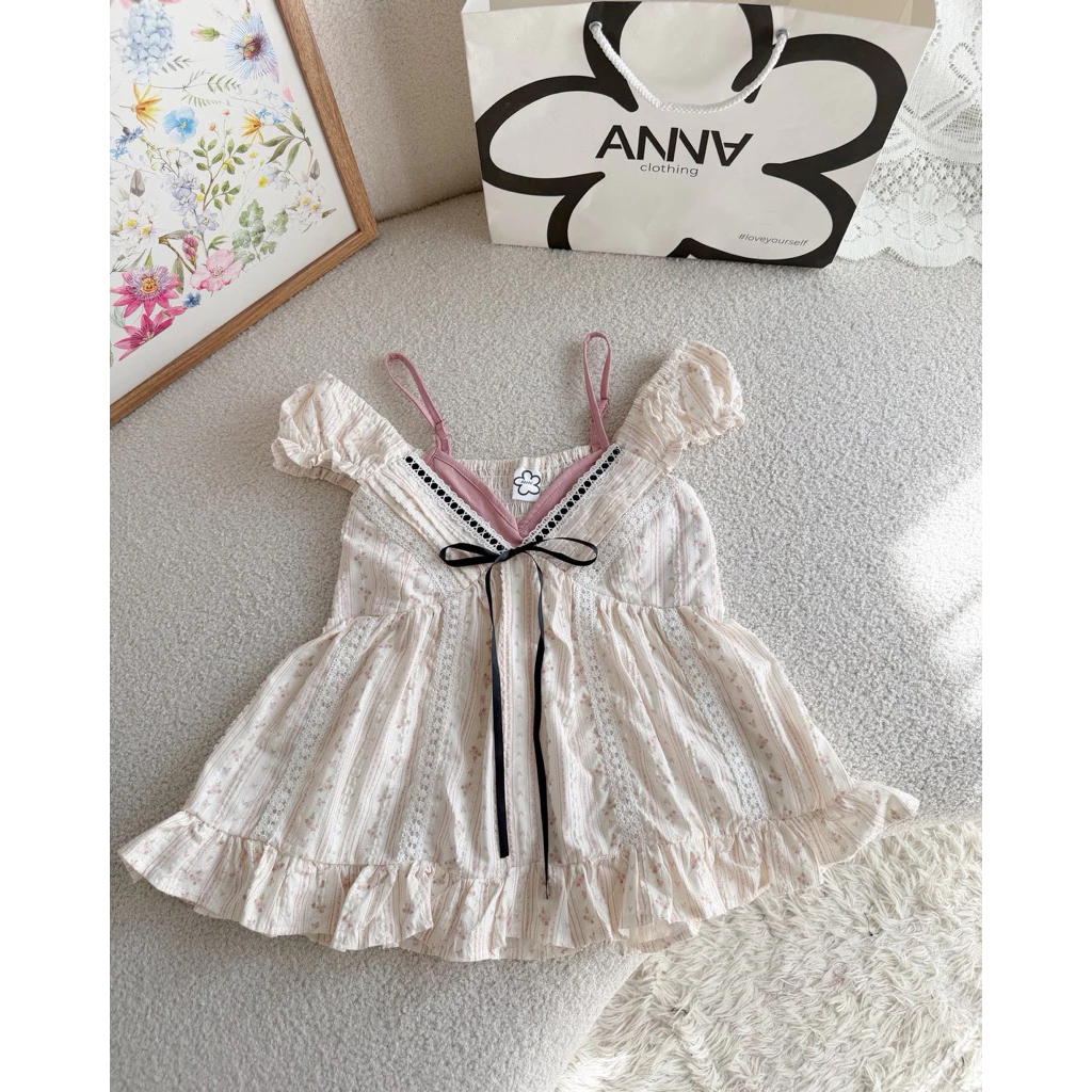 Áo Kiểu Nữ Hoa Phối Hồng ANNA - Cabi Top