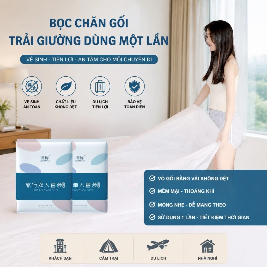 Bọc Chăn Ga Gối Dùng 1 Lần Trải Giường Khách Sạn, Homestay Khi Đi Du Lịch Tiện Lợi