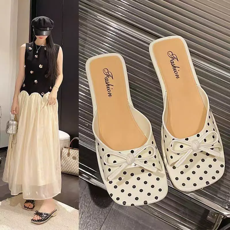Dép nữ chấm bi mũi vuông đế 3cm nơ xinh Vintage, nhựa PVC - Lù Store - 669