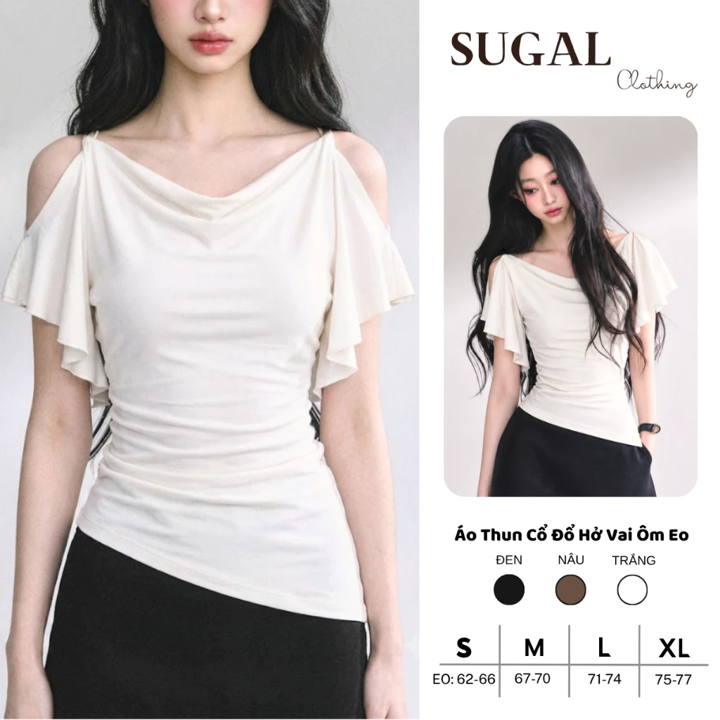 SUGAL - Áo Thun Nữ Cổ Đổ Hở Vai Dáng Ôm Body - Áo Kiểu Nhún Eo Tà Lệch Phong Cách Mùa Hè Hàn Quốc | TOP NU 311