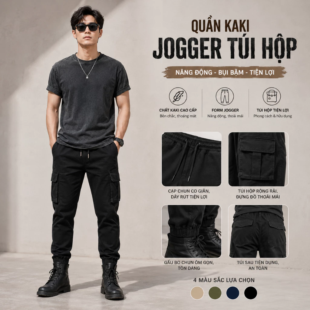 Quần Dài Jogger Kaki túi hộp Nam Premium MISFIT Form Chuẩn, Co Giãn, Thoải Mái Cả Ngày