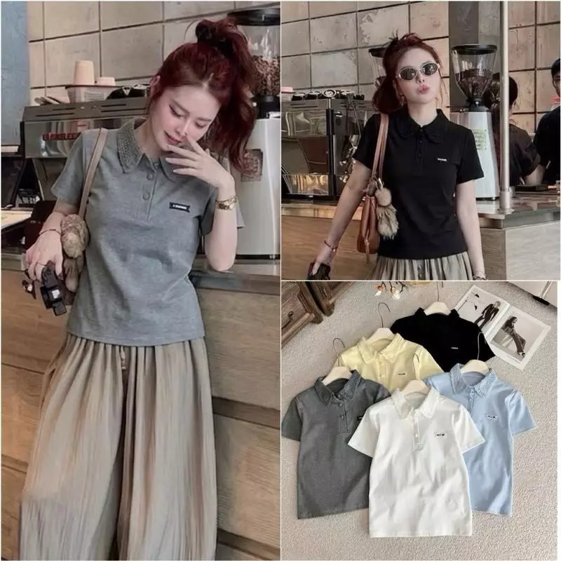 HT55. Áo Thun Cổ Phối Ren Tay Phối Ren kèm tag Cúc Bọc Chất Liệu Thun Zip