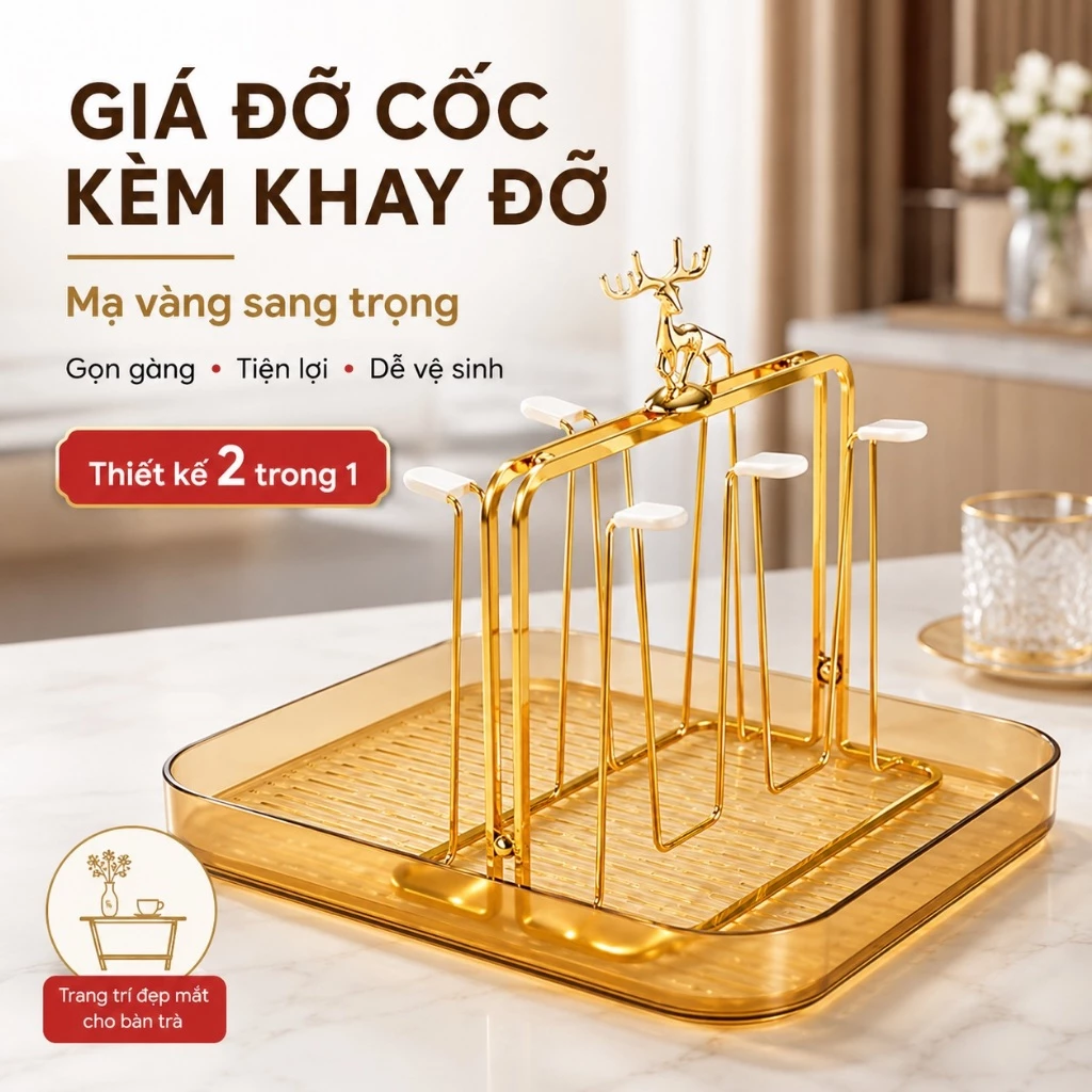 Giá Đỡ Cốc Kim Loại Mạ Vàng Cao Cấp Tạo Hình Đầu Hươu Kèm Khay Hứng Nước Tiện Lợi Dễ Dàng Sử Dụng