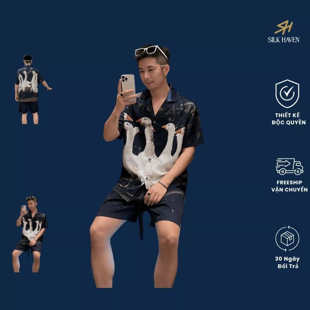 Set Lụa Queen  cao cấp Nam Họa Tiết Nghệ Thuật  -SILKHAVENSN10– Đồ Mặc Đi Chơi , Du Lịch Nghỉ Dưỡng