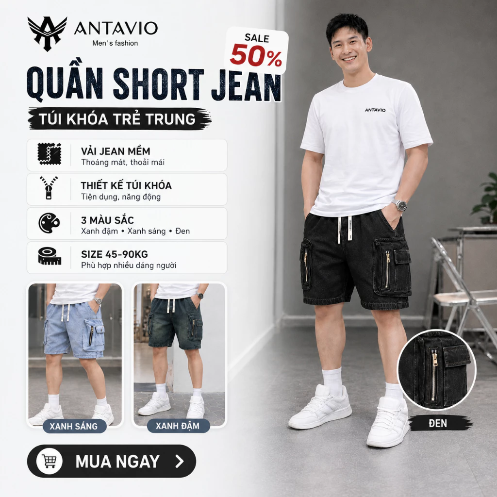 Quần Short Jean, Quần Jean Nam Ngắn ANTAVIO Chất Liệu Jean Mềm Mại Túi Hộp M-3XL 45-90kg 2689