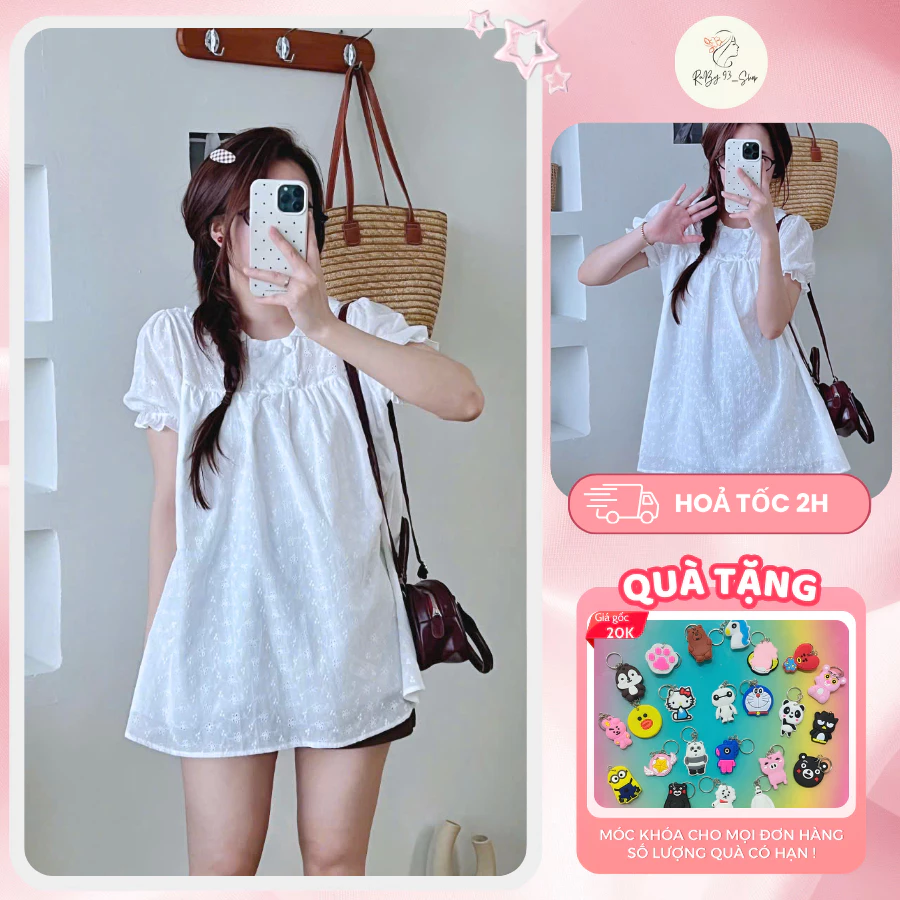 Áo Babydoll Nữ, Áo Kiểu Ren Thêu Hoa Cổ Tròn Viền Bèo Tay Bo Chun Form Suông Tiểu Thư Vintage