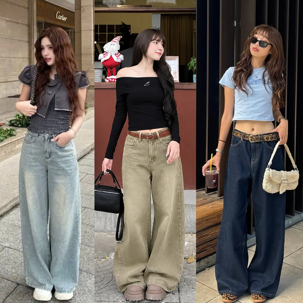 Quần jeans wash nữ WHOSE dáng ống suông rộng lưng cao màu xanh xám SMOKE V2 CẠP CAO phong cách RETRO 2024