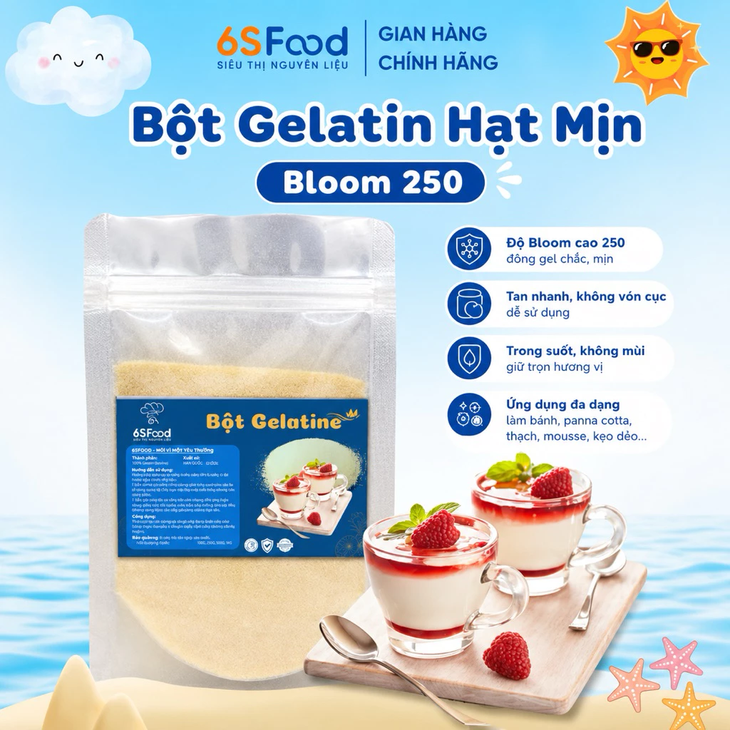 Bột Gelatin Bloom 250g Làm Tàu Hũ Singapore, Panna Cotta, Kẹo Dẻo, Pudding, Chè Khúc Bạch - 6SFOOD