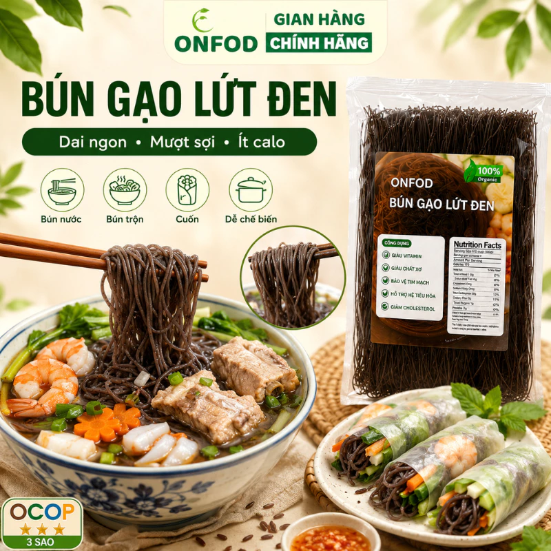 Bún gạo lứt đen hữu cơ ONFOD ăn kiêng giảm cân thực dưỡng eatclean cho người tiểu đường gym yoga bà bầu 500g