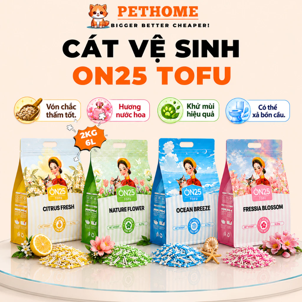 Cát Đậu Nành ON25 TOFU Cho Mèo 2kg 6L, Thơm Như Nước Hoa, Vón Chắc, Ít Bụi, Khử Mùi Hiệu Quả