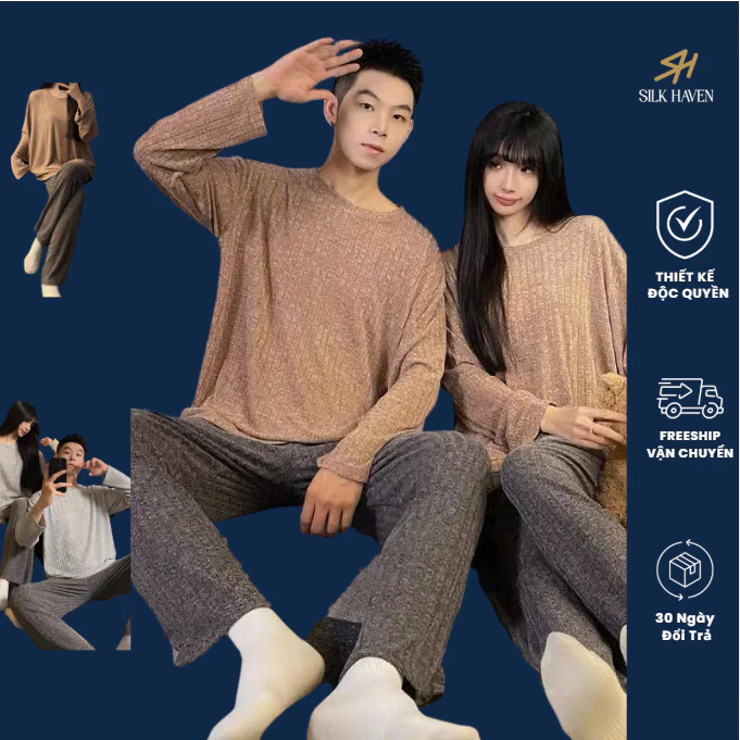 Bộ ngủ dài tay Mùa Thu Đông cho nam và nữ -SILK HAVEN BĐ05- Bộ dài tay len tăm unisexcó size 110kg