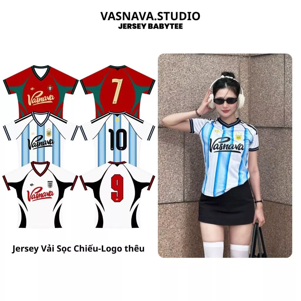 [ FORM NỮ ] Jersey Babytee Vasnava Remake World Cup - Logo Thêu Vải Sọc Chiếu Form Babytee Tay bo chun Nữ Cổ Chữ V