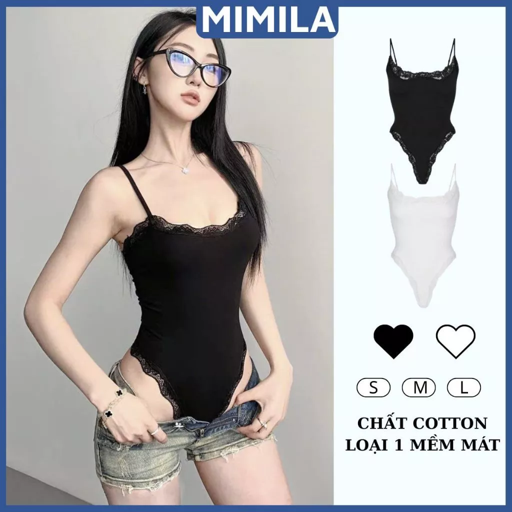 [CÓ MÚT] Áo Bodysuit Hai Dây Phối Viền Ren Ôm Body Cá Tính MIMILA Sexy Chất Cotton Mềm Mát - MBS051