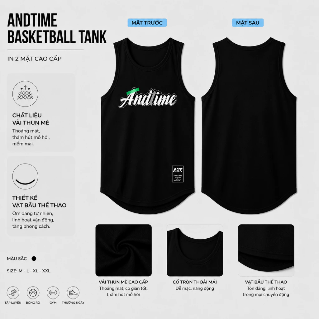 Áo Ba Lỗ Thể Thao Nam Nữ, Tanktop Cổ Tròn Sát Nách In Chữ ANDTIME Cho Mùa Hè Năng Động. Mã: BL