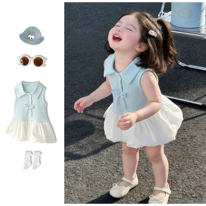 Bé gái m ớ i sinh mùa hè không áo Bodysuit bông ki ể Hàn Qu ố c váy màu xanh trời 0-24M