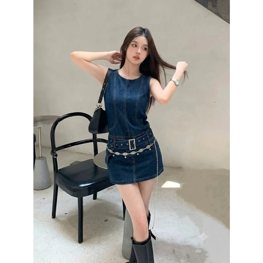 Váy đầm jean denim sát nách dáng xuông Midori Fashion Váy bò liền cổ tròn trơn che bụng đẹp CL08