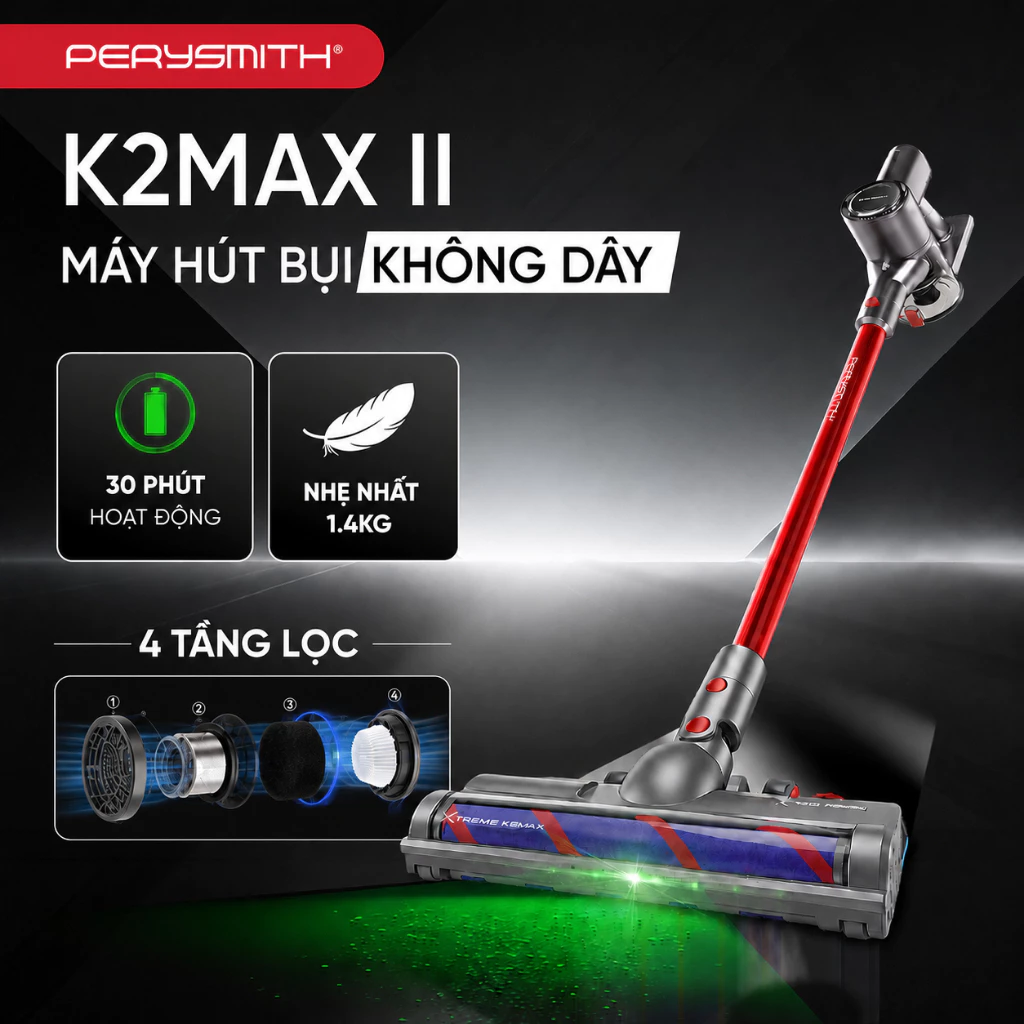 Máy Hút Bụi Không Dây PerySmith K2MAX-II Lực Hút 26.000 Pa, Đèn Laser Xanh Soi Bụi, Gọn Nhẹ 2.3kg