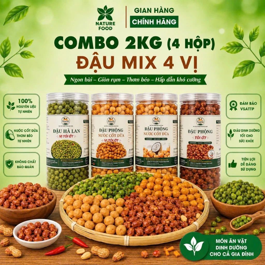 Combo 2kg ( 4 hộp ) Đậu Mix 4 vị ( Đậu Phộng Tỏi Ớt+ đậu da cá cốt dừa+ dậu da cá cốt dừa tỏi ớt+ đậu hà lan tỏi ớt)