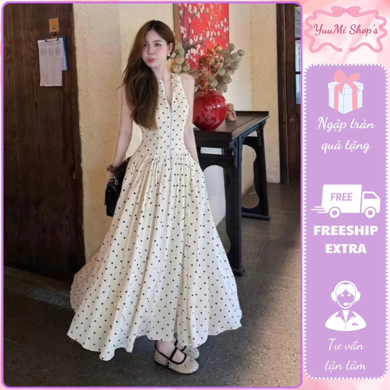Outfit dạo phố váy liền chấm bi nữ thiết kế khóa ngực dáng chữ A xòe che khuyết điểm HCOM27458