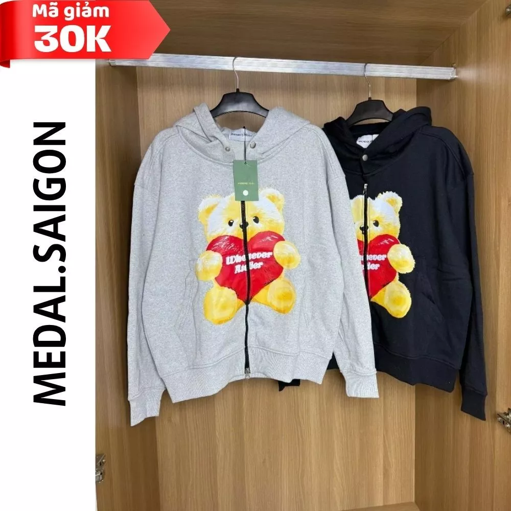 Áo Khoác Hoodie Zip Whenever in Gấu Unisex Nam Nữ, Form Rộng Chất Nỉ Dày Dặn, Phong Cách Sreetwear, Áo Khoác Nỉ Có Mũ