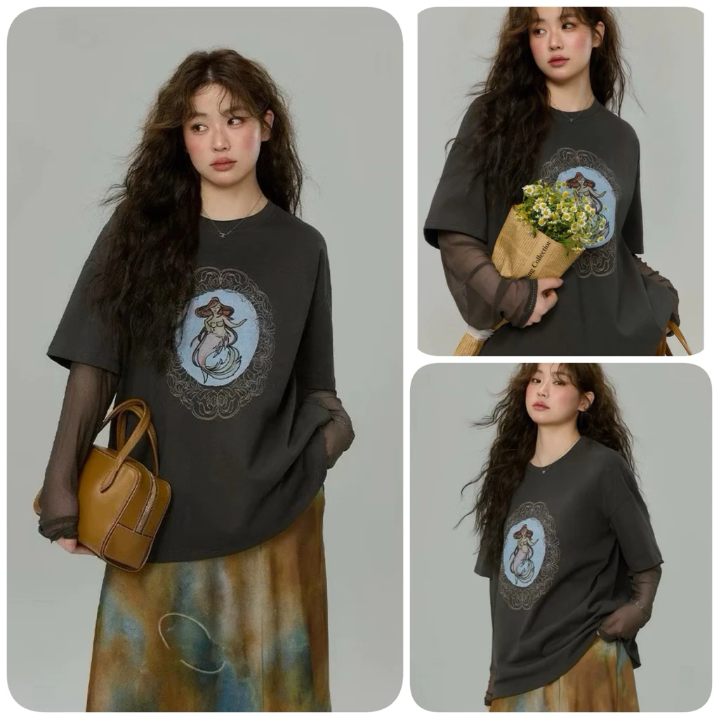 Áo Phông Nữ Oversize Tay Phối Lưới Phong Cách Grunge Vintage Áo Thun Form Rộng Giấu Quần Nàng Tiên Cá Độc Lạ