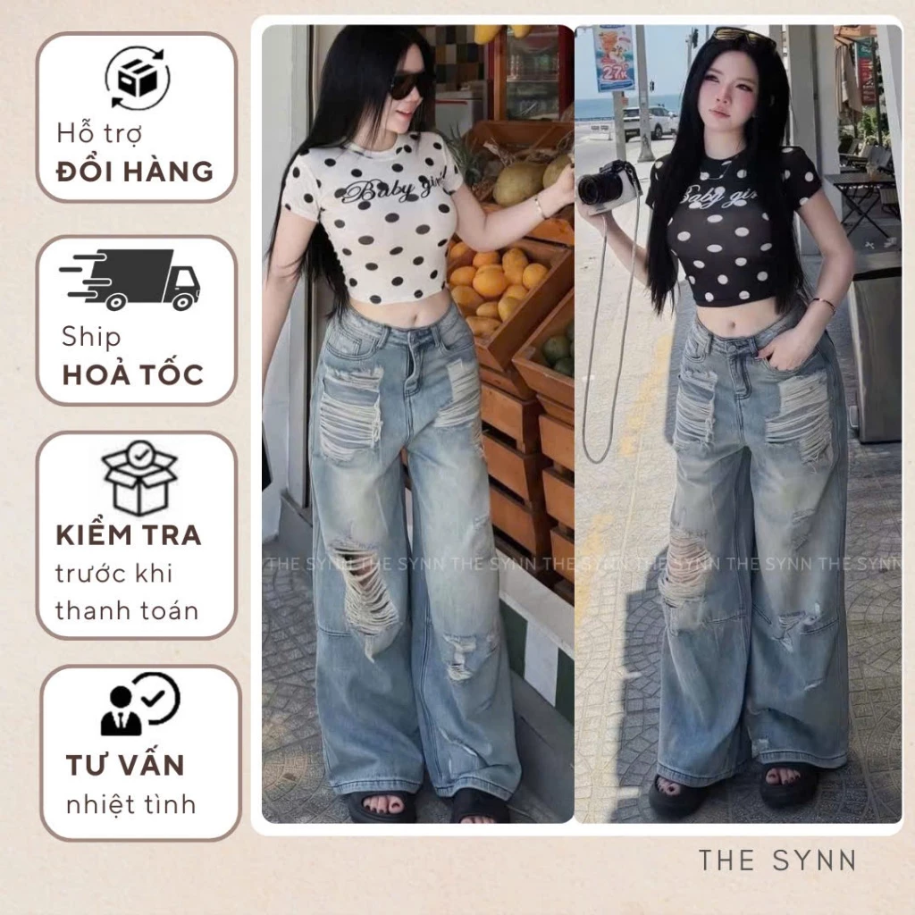 Q22 - Quần Jeans Nữ Ống Suông Form Rộng Wash Rách