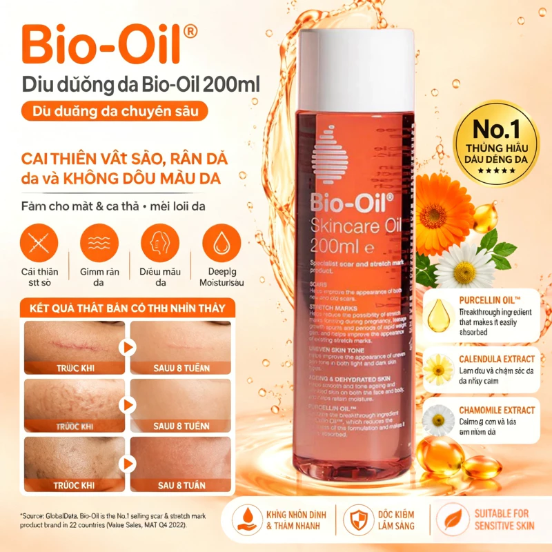 Tinh dầu Bio Oil 200ml - Hỗ trợ cải thiện sẹo, rạn da hiệu quả, thẩm thấu nhanh,an toàn cho bà bầu và sau sinh