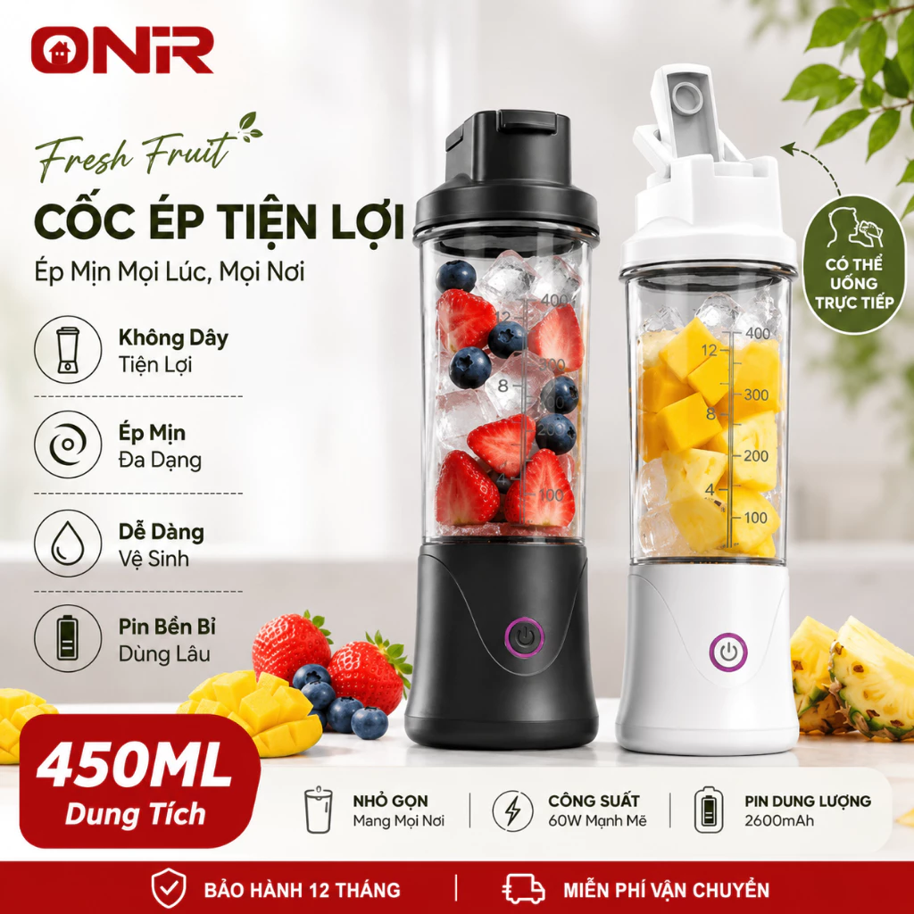 Máy Xay Sinh Tố Cầm Tay 60W, Nắp Uống Trực Tiếp Tiện Lợi, 22 Lưỡi Inox, Pin 2600mAh, 450ml, Sạc Type-C