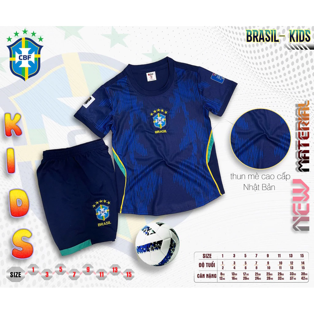 Brasil bích trẻ em  2026 (Có In Tên Số) Bộ Quần Áo Bóng Đá Thun Mè Cao Cấp Thoáng Mát Logo Thêu