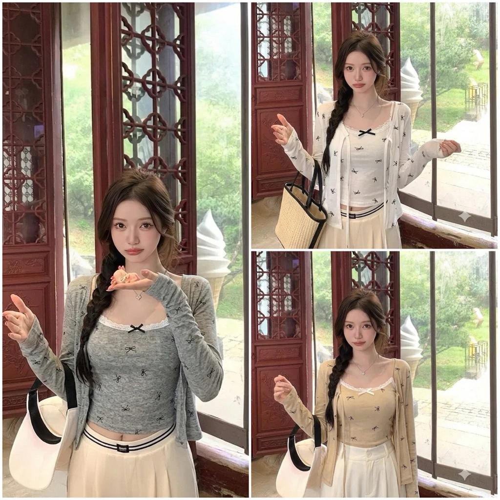 Set Áo Cadidan Kèm Áo 2 Dây Nữ Chất Phông Giấy In Nơ Mềm Mỏng Gắn Ren Cách Điệu JUDIE.Closet