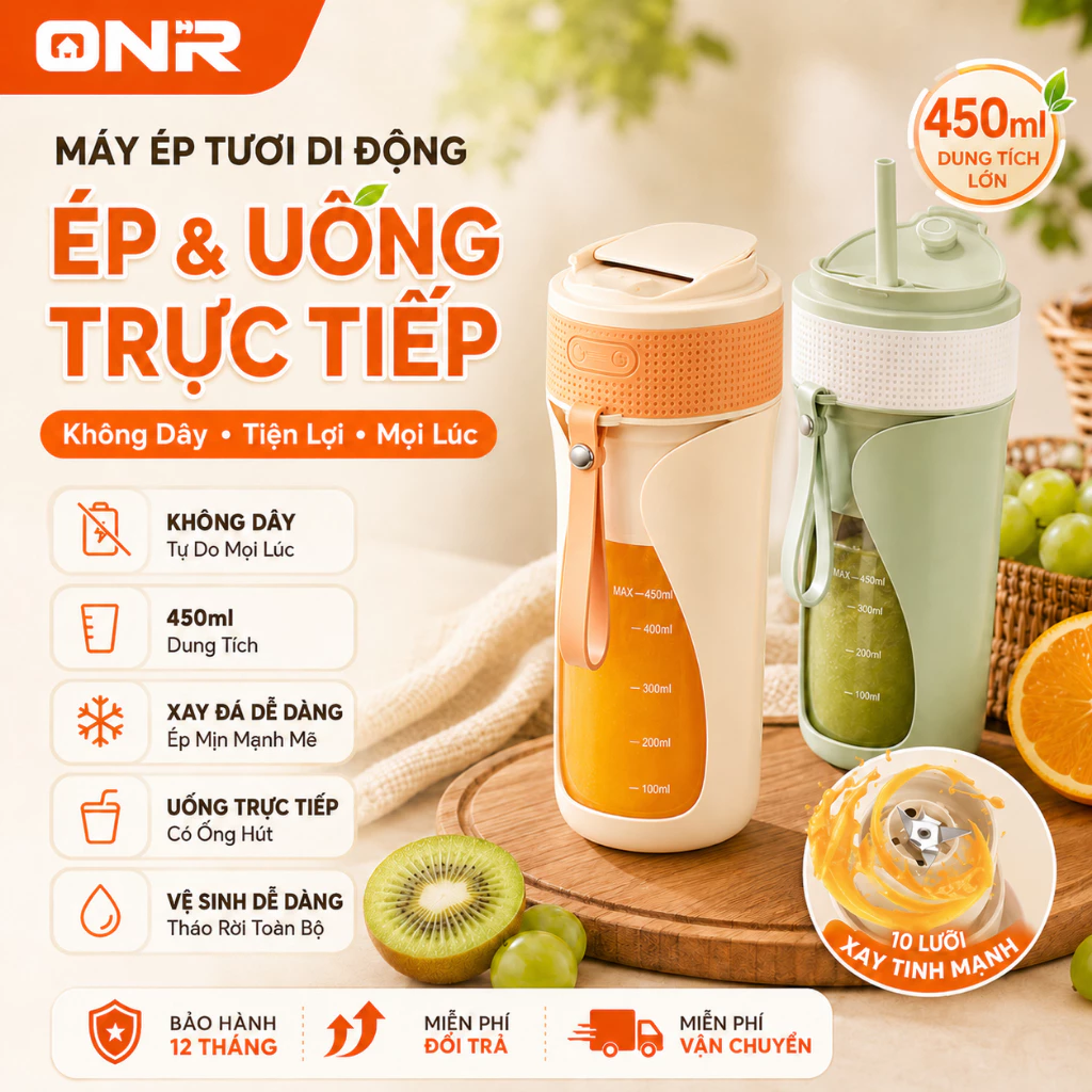 Máy Xay Sinh Tố Cầm Tay 450ML, Nắp Đôi Tiện Lợi, Nhấn 2 Lần Để Bật, An Toàn, Xay Nhanh