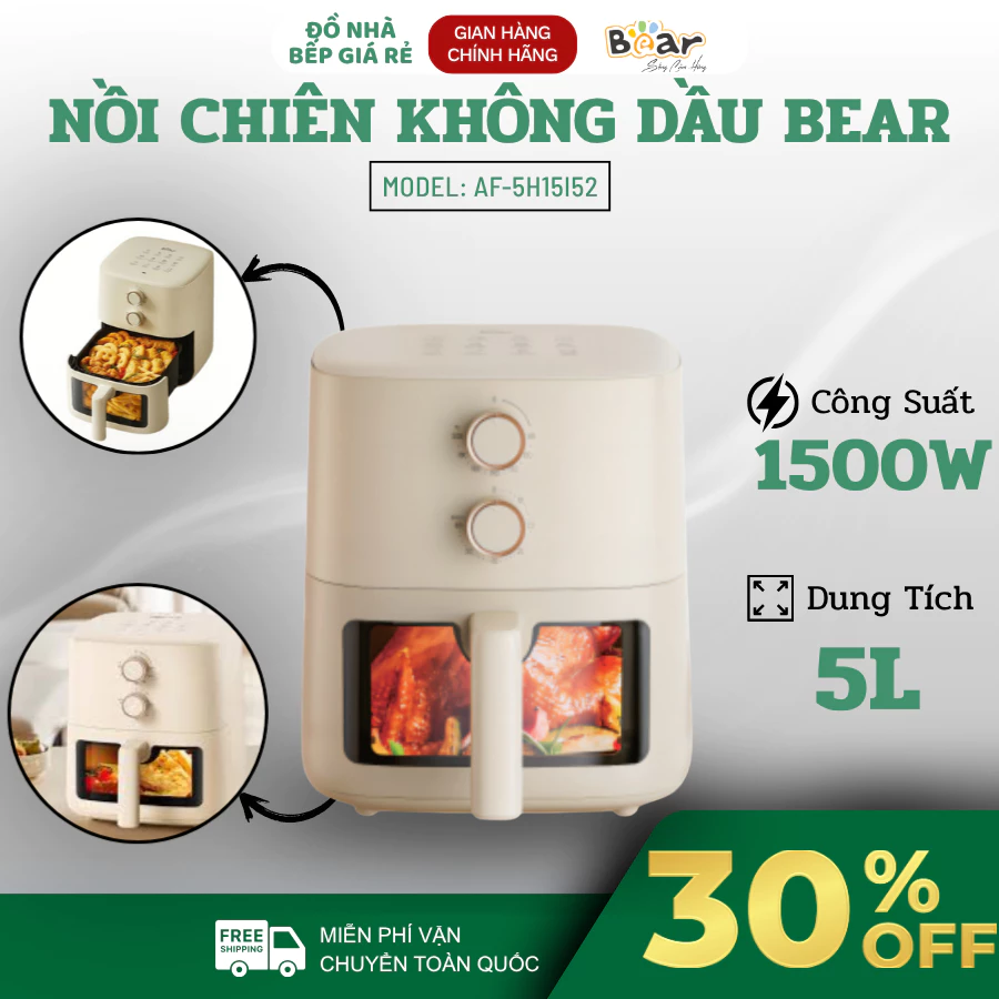 Nồi Chiên Không Dầu Bear AF-5H15 Hẹn Giờ Linh Hoạt, Chống Dính Cao Cấp, Thiết Kế Gọn Gàng Tiện Dụng - Đồ Nhà Bếp Giá Rẻ