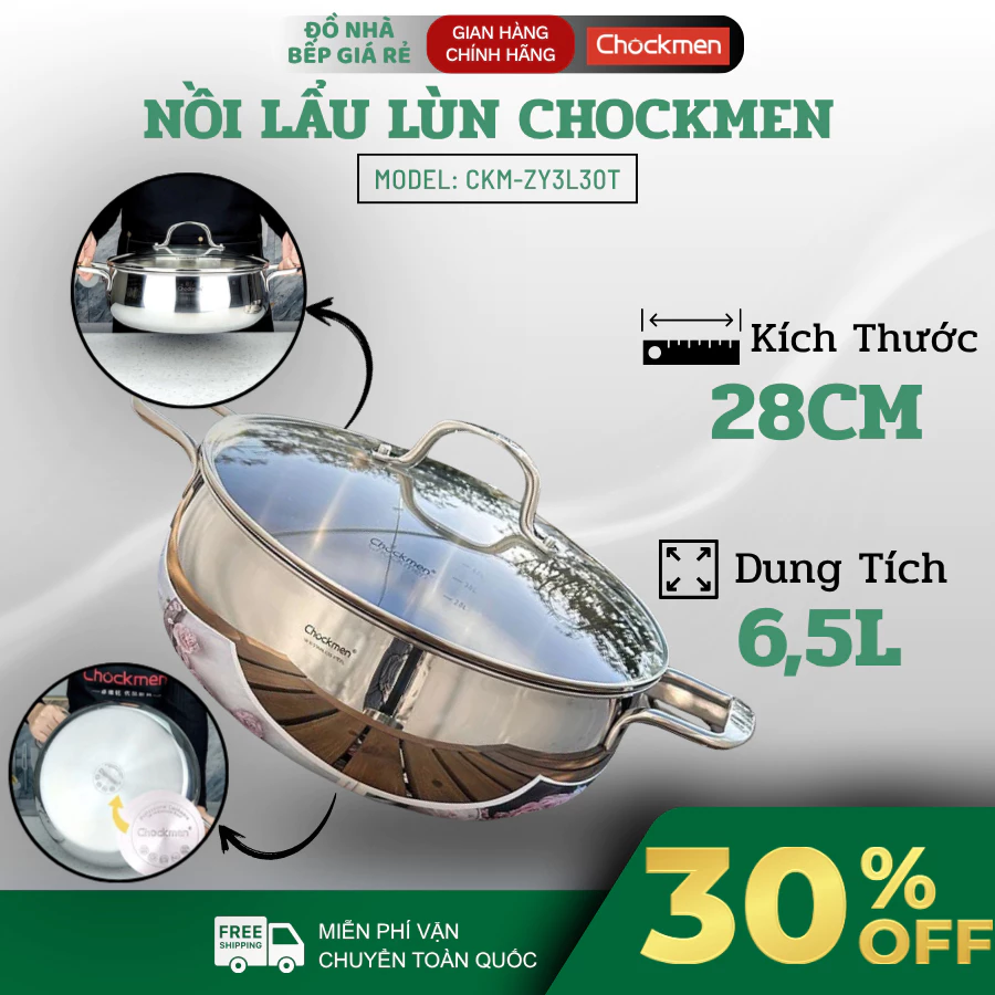 Nồi Lẩu Lùn CHOCKMEN C198 28cm Inox 18/10 Dung Tích Lớn, Thích Hợp Nấu Lẩu Và Canh - Đồ Nhà Bếp Giá Rẻ