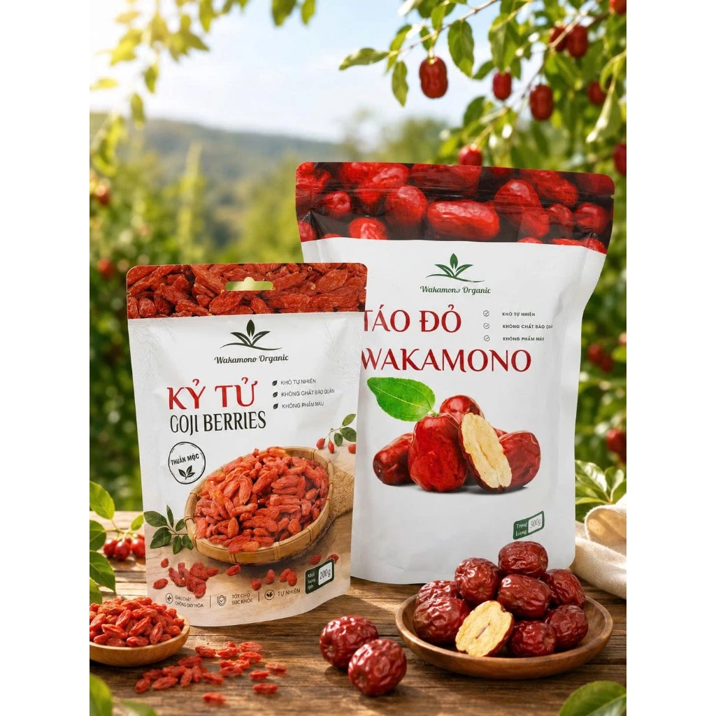 Combo Táo đỏ nhược khương Wakamono Organic 200 - 220 quả/kg, kỷ tử Ninh Hạ.